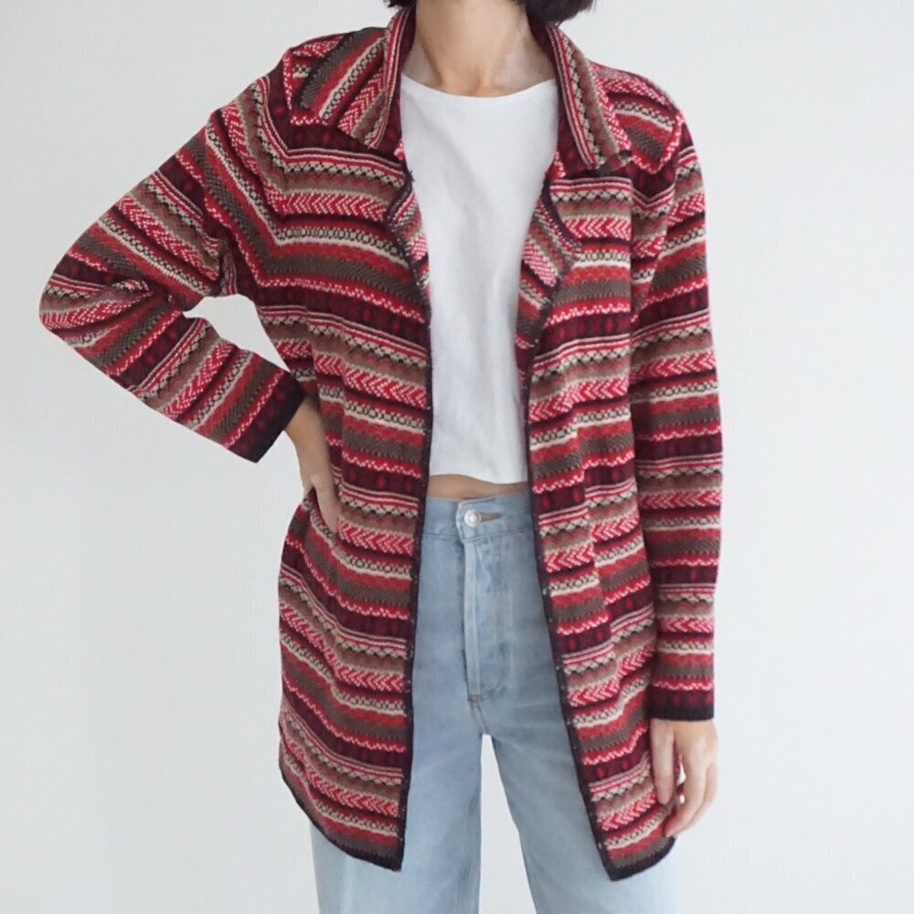 Vintage Christopher Banks Red Fair Isle Stripe Collared Knit Jacket Cardigan L